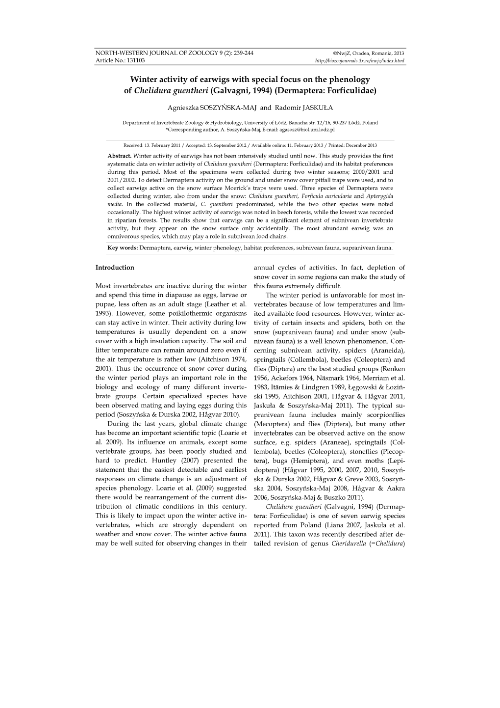 Winter Activity of Earwigs with Special Focus on the Phenology of Chelidura Guentheri (Galvagni, 1994) (Dermaptera: Forficulidae)