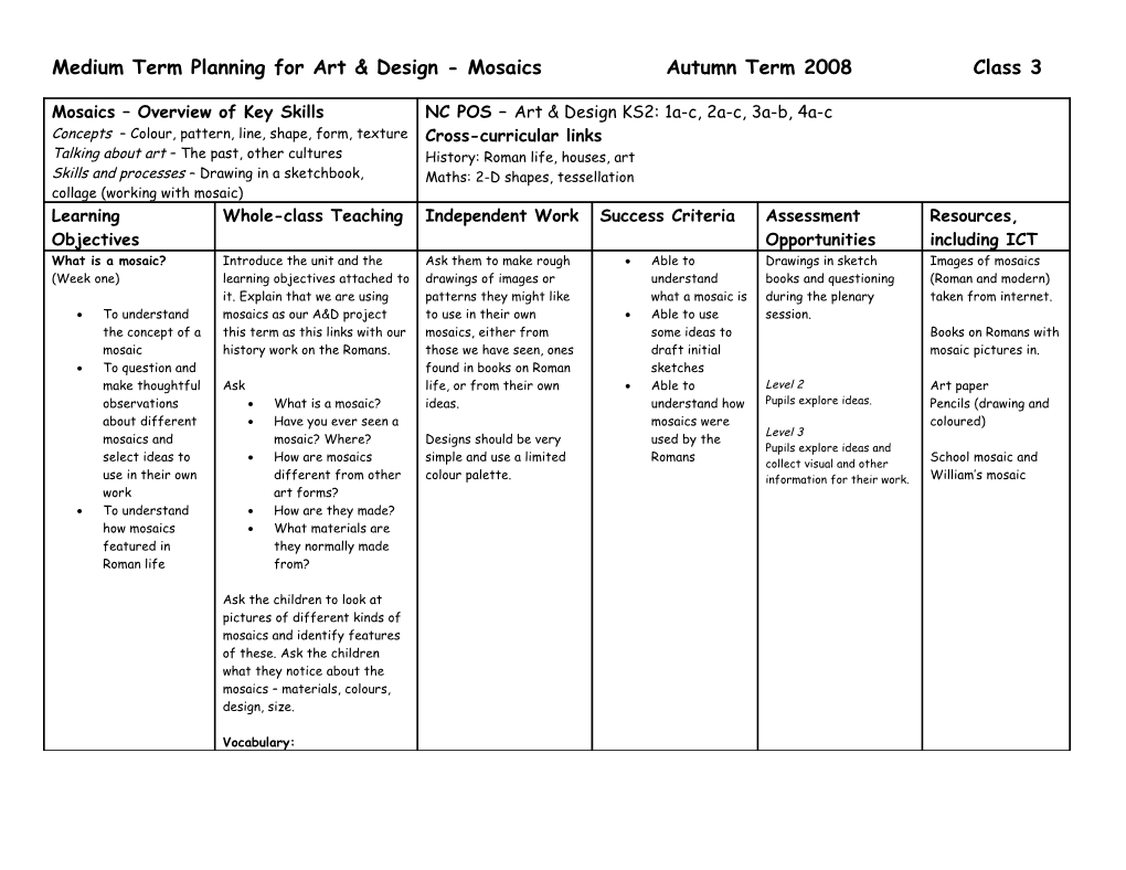 Medium Term Planning for Art & Design - Mosaics Autumn Term 2008 Class 3