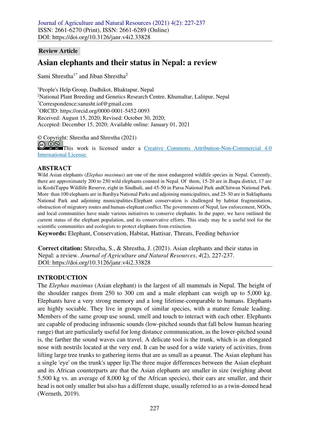 Asian Elephants and Their Status in Nepal: a Review