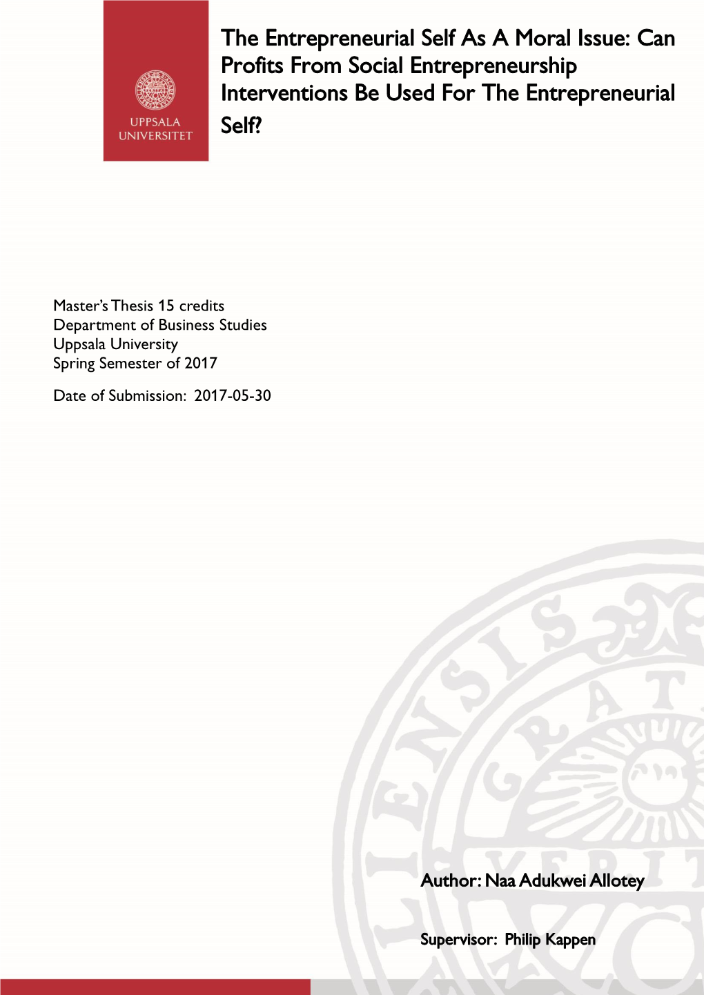 The Entrepreneurial Self As a Moral Issue: Can Profits from Social Entrepreneurship Interventions Be Used for the Entrepreneurial Self?