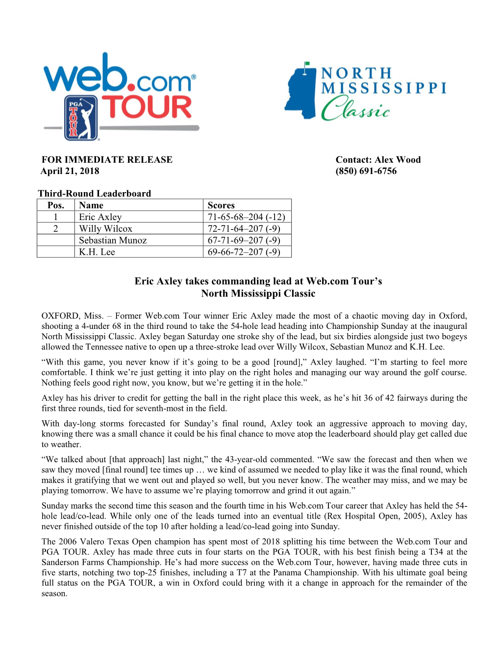 Eric Axley Takes Commanding Lead at Web.Com Tour's North Mississippi