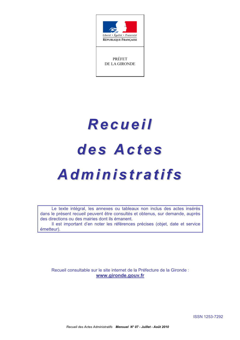 Recueil Des Actes Administratifs Mensuel N° 07 - Juillet - Août 2010 Recueil Des Actes Administratifs