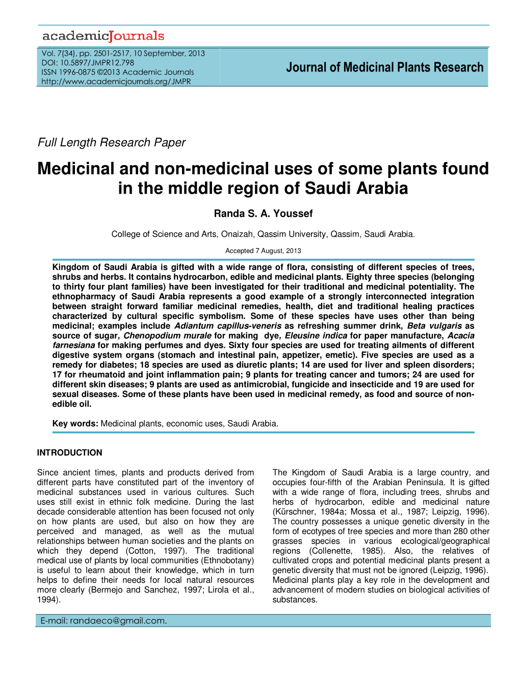 Medicinal and Non-Medicinal Uses of Some Plants Found in the Middle Region of Saudi Arabia