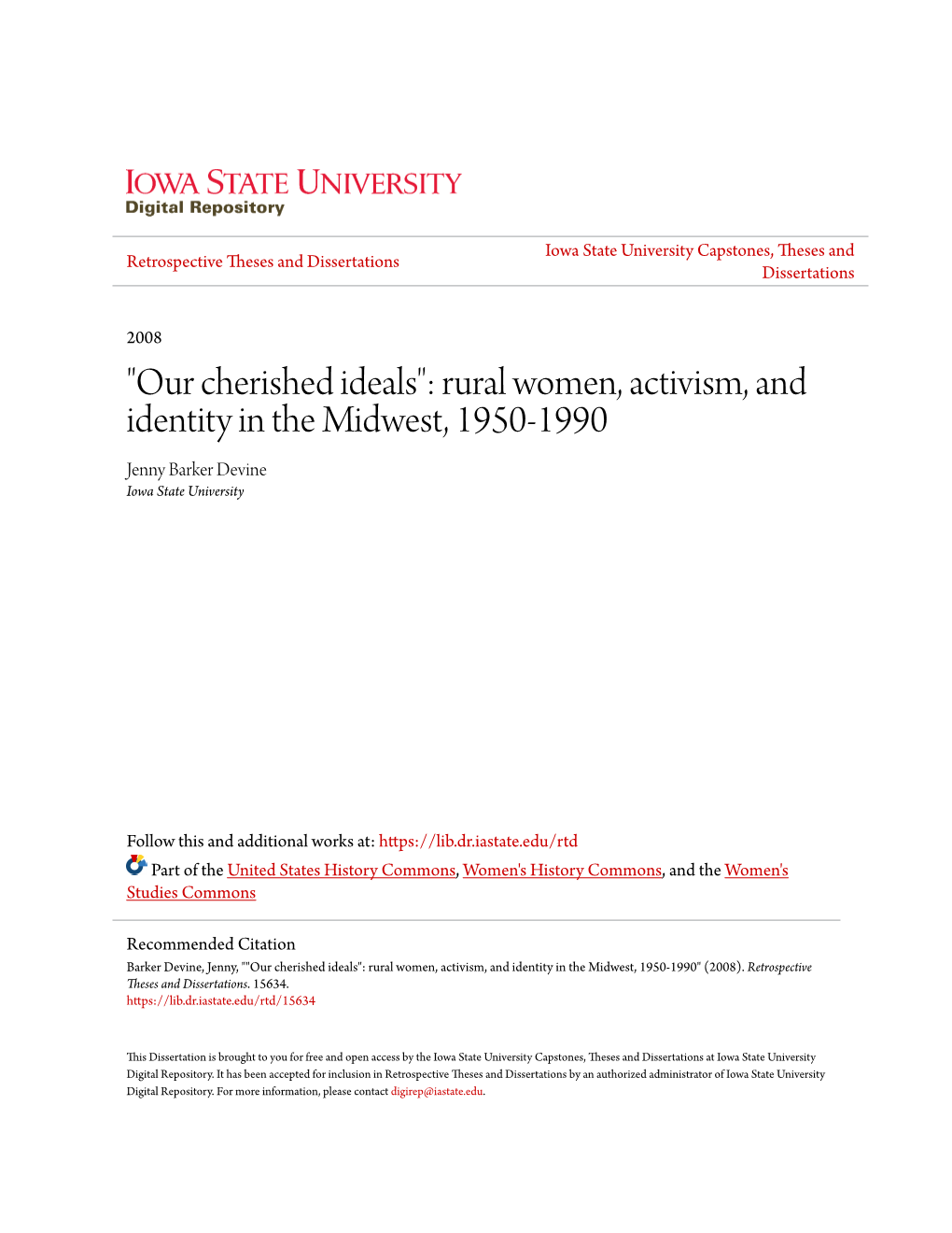 Rural Women, Activism, and Identity in the Midwest, 1950-1990 Jenny Barker Devine Iowa State University