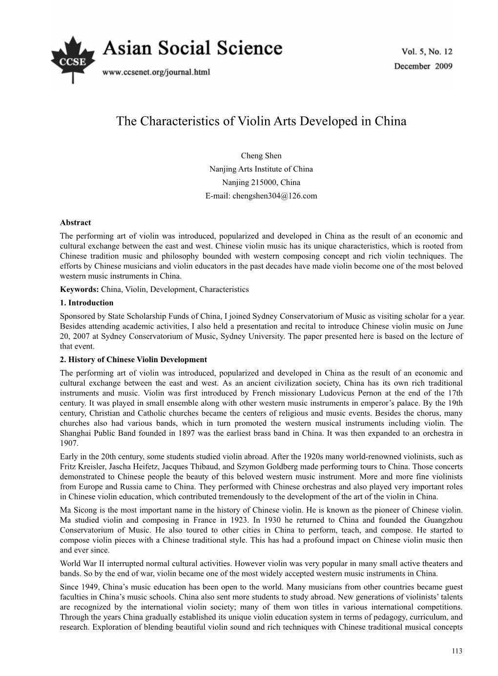 The Characteristics of Violin Arts Developed in China