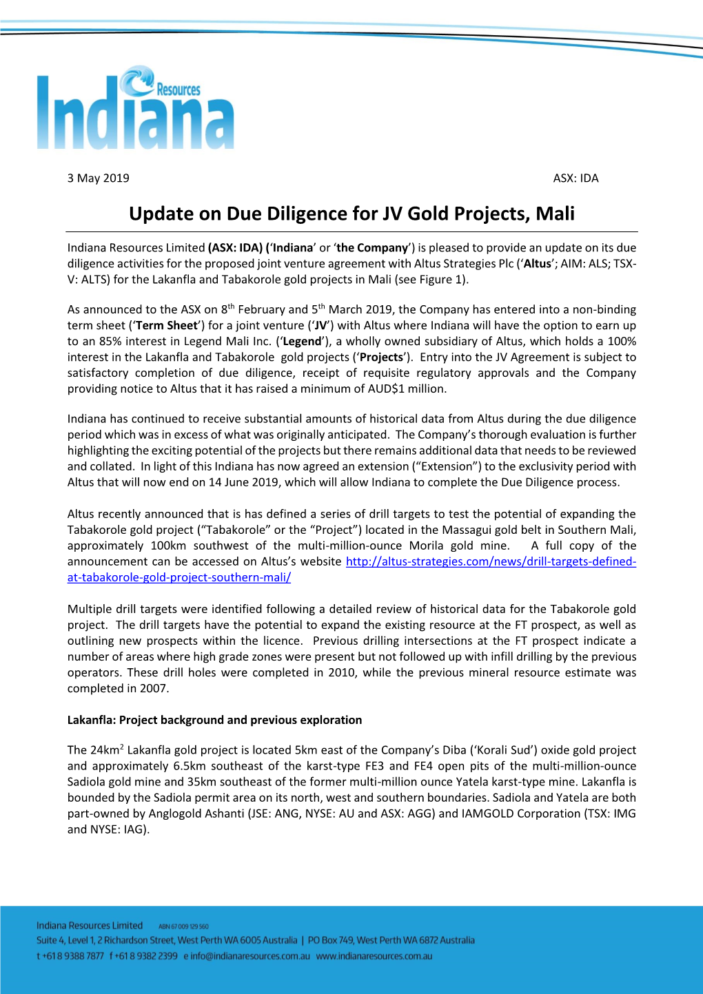 Update on Due Diligence for JV Gold Projects, Mali