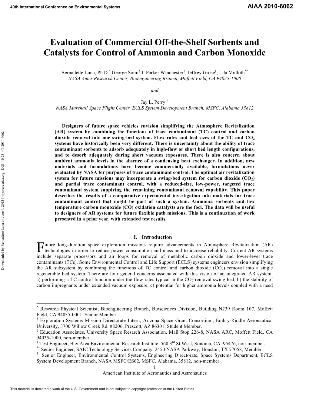 Evaluation of Commercial Off-The-Shelf Sorbents and Catalysts for Control of Ammonia and Carbon Monoxide