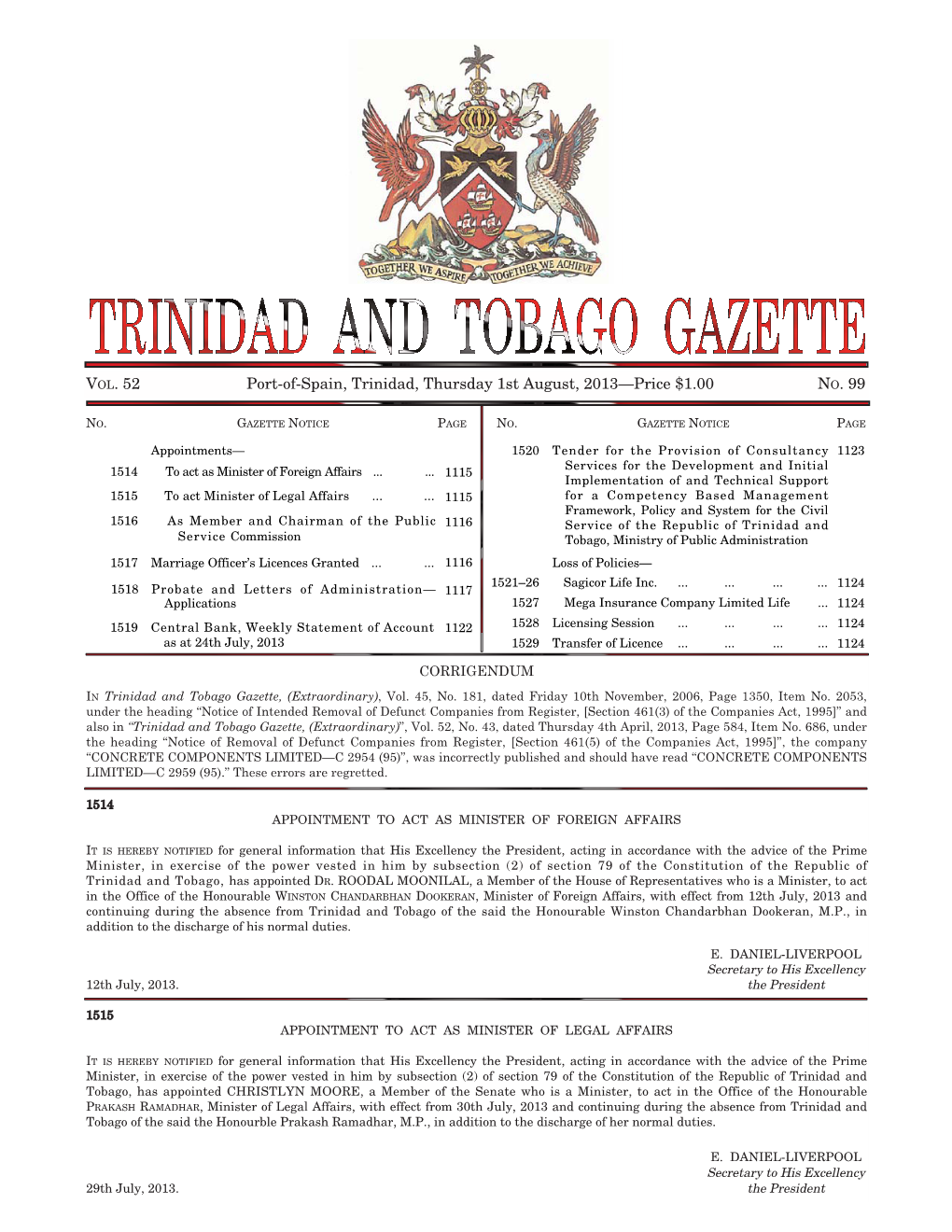 Gazette No. 99, Vol. 52, 1St August, 2013