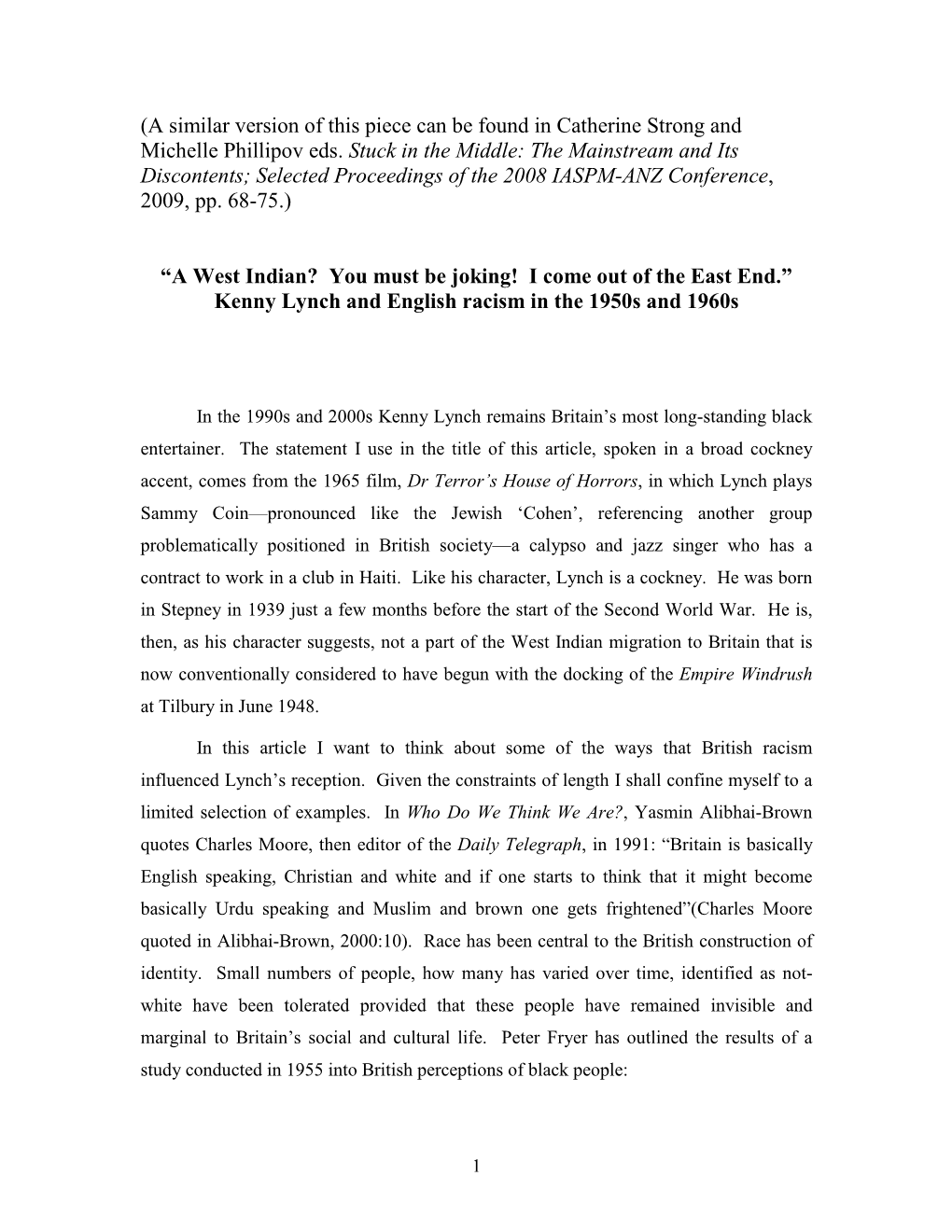 “A West Indian? You Must Be Joking! I Come out of the East End.” Kenny Lynch and English Racism in the 1950S and 1960S