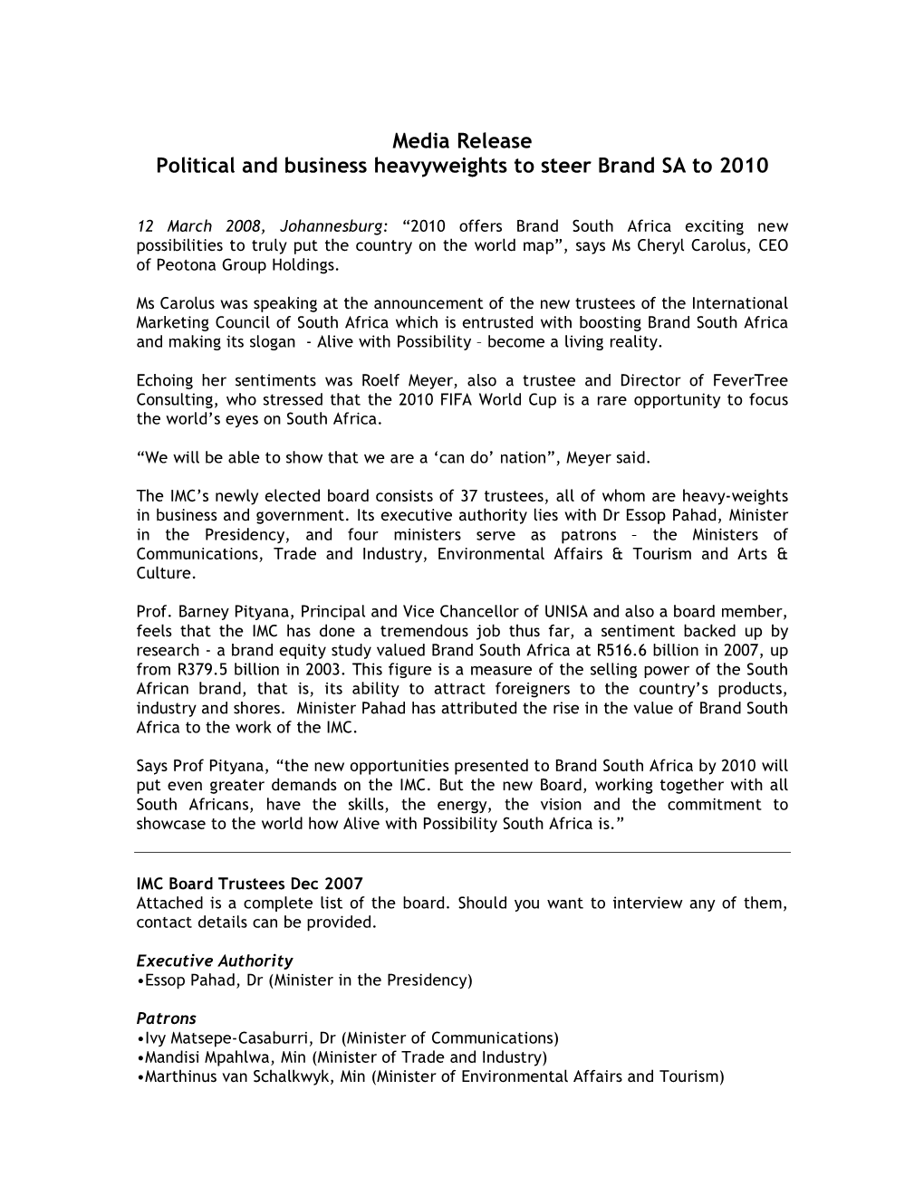 Media Release Political and Business Heavyweights to Steer Brand SA to 2010