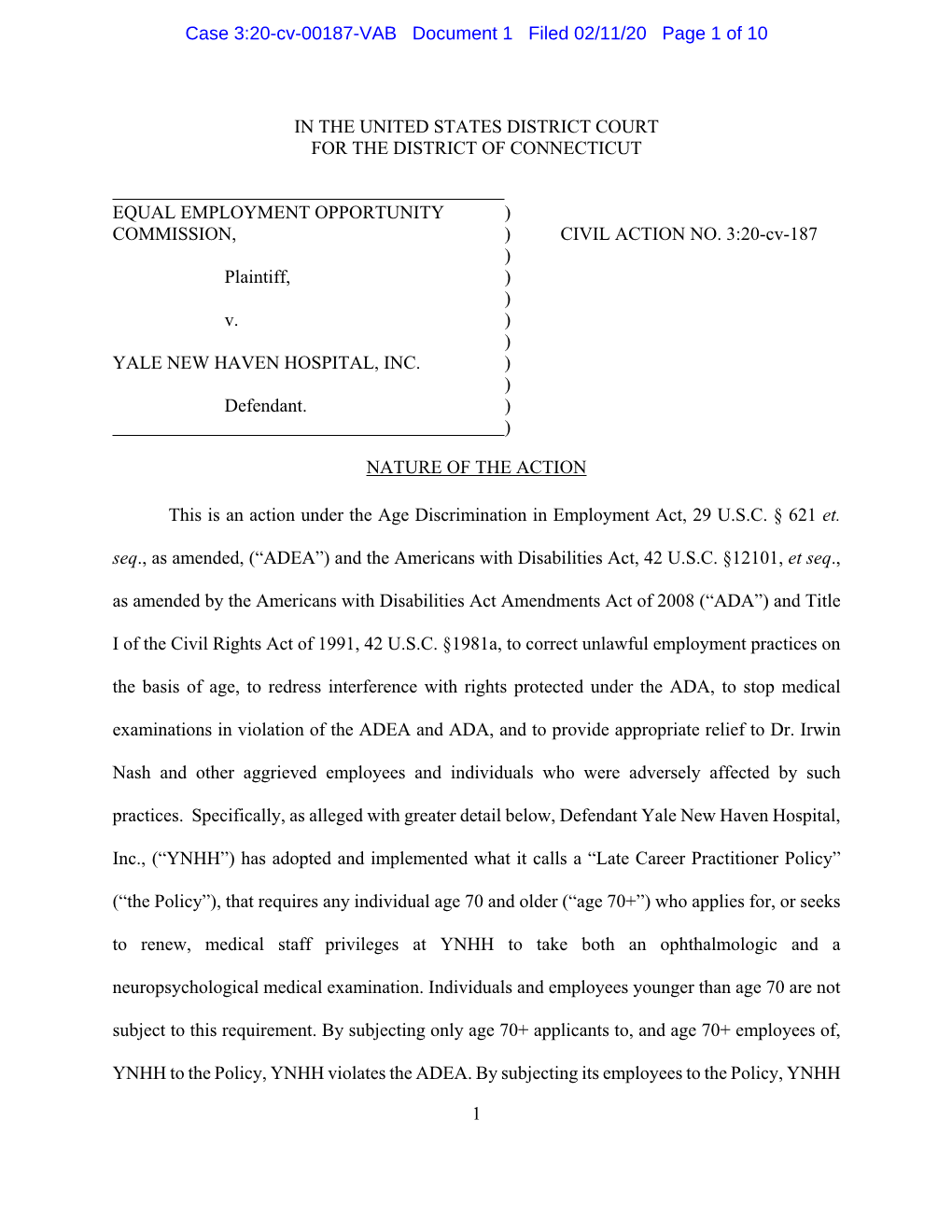 Case 3:20-Cv-00187-VAB Document 1 Filed 02/11/20 Page 1 of 10