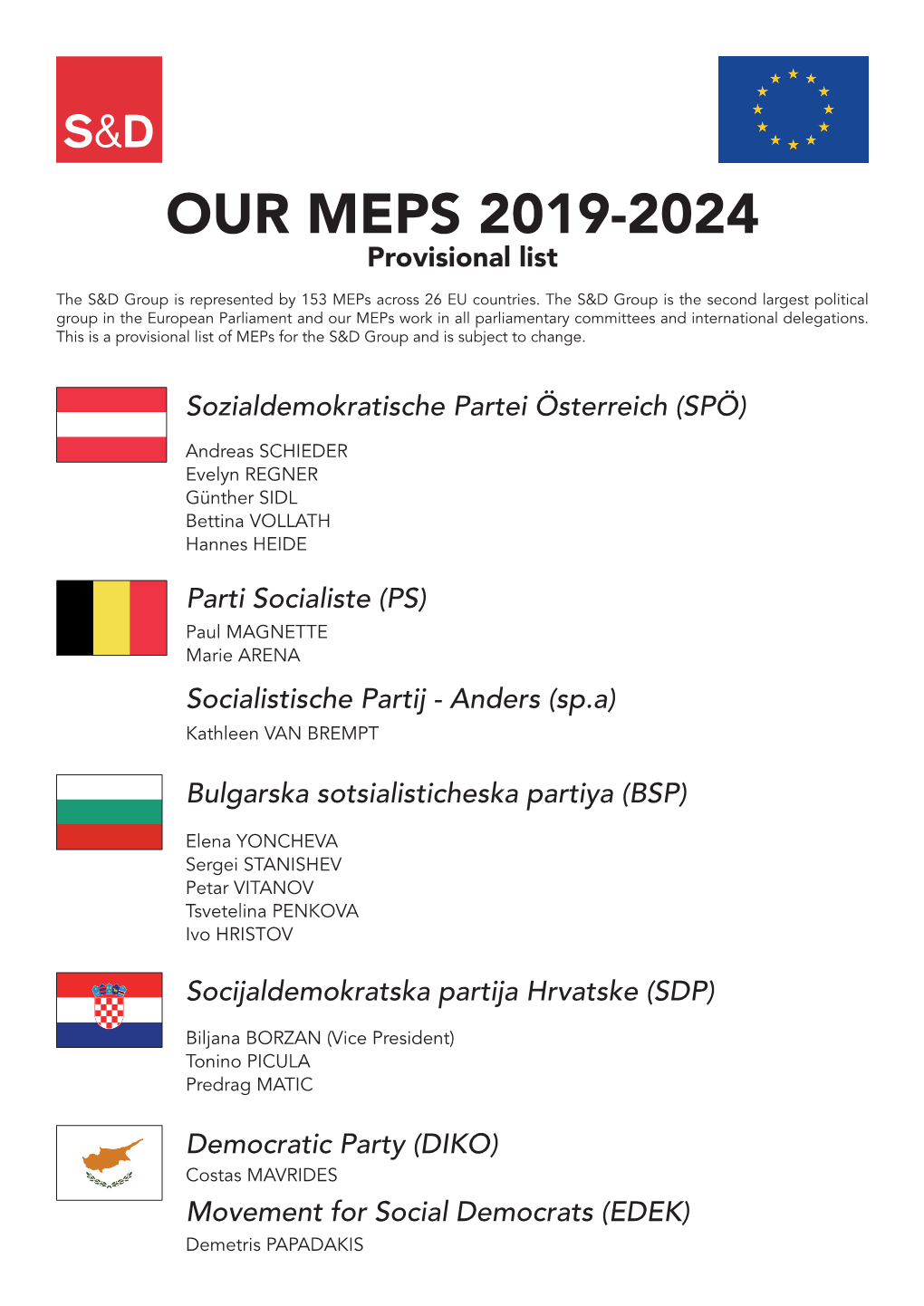 OUR MEPS 2019-2024 Provisional List the S&D Group Is Represented by 153 Meps Across 26 EU Countries