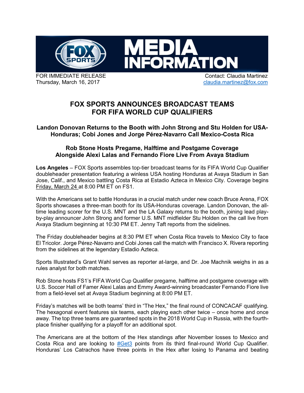 Fox Sports Announces Broadcast Teams for Fifa World Cup Qualifiers