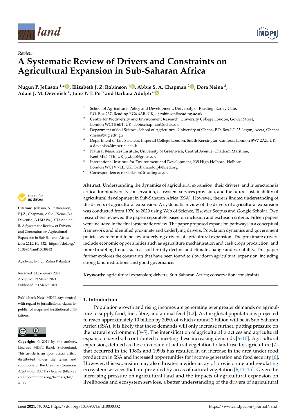 A Systematic Review of Drivers and Constraints on Agricultural Expansion in Sub-Saharan Africa