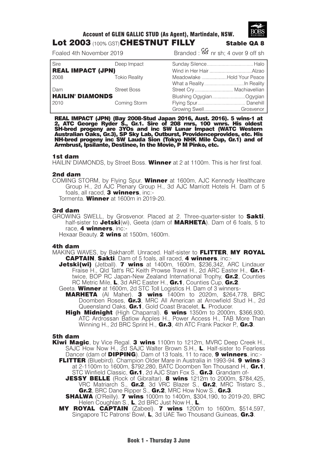 Lot 2003 (100% GST)CHESTNUT FILLY Stable QA 8 Foaled 4Th November 2019 Branded : Nr Sh; 4 Over 9 Off Sh