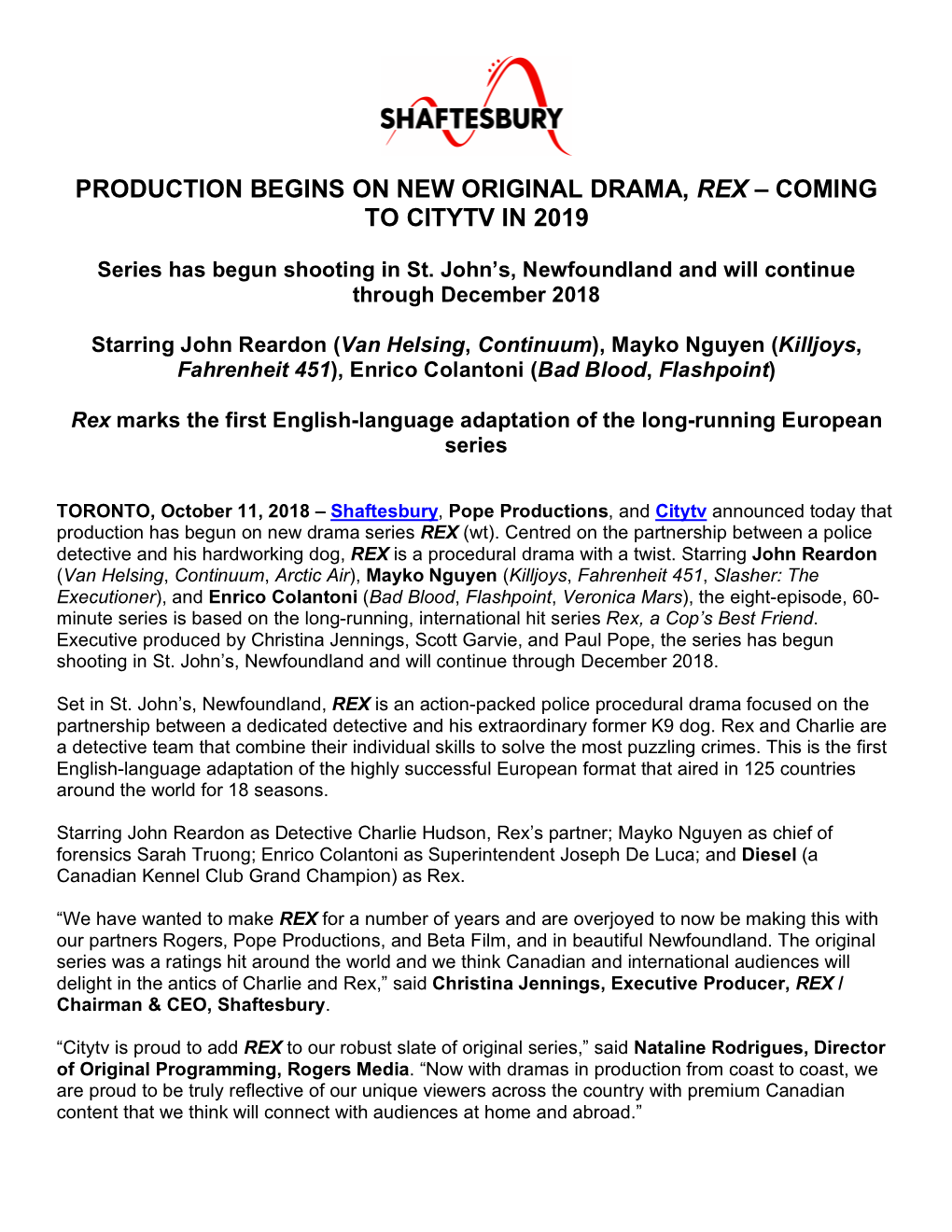 Production Begins on New Original Drama, Rex – Coming to Citytv in 2019