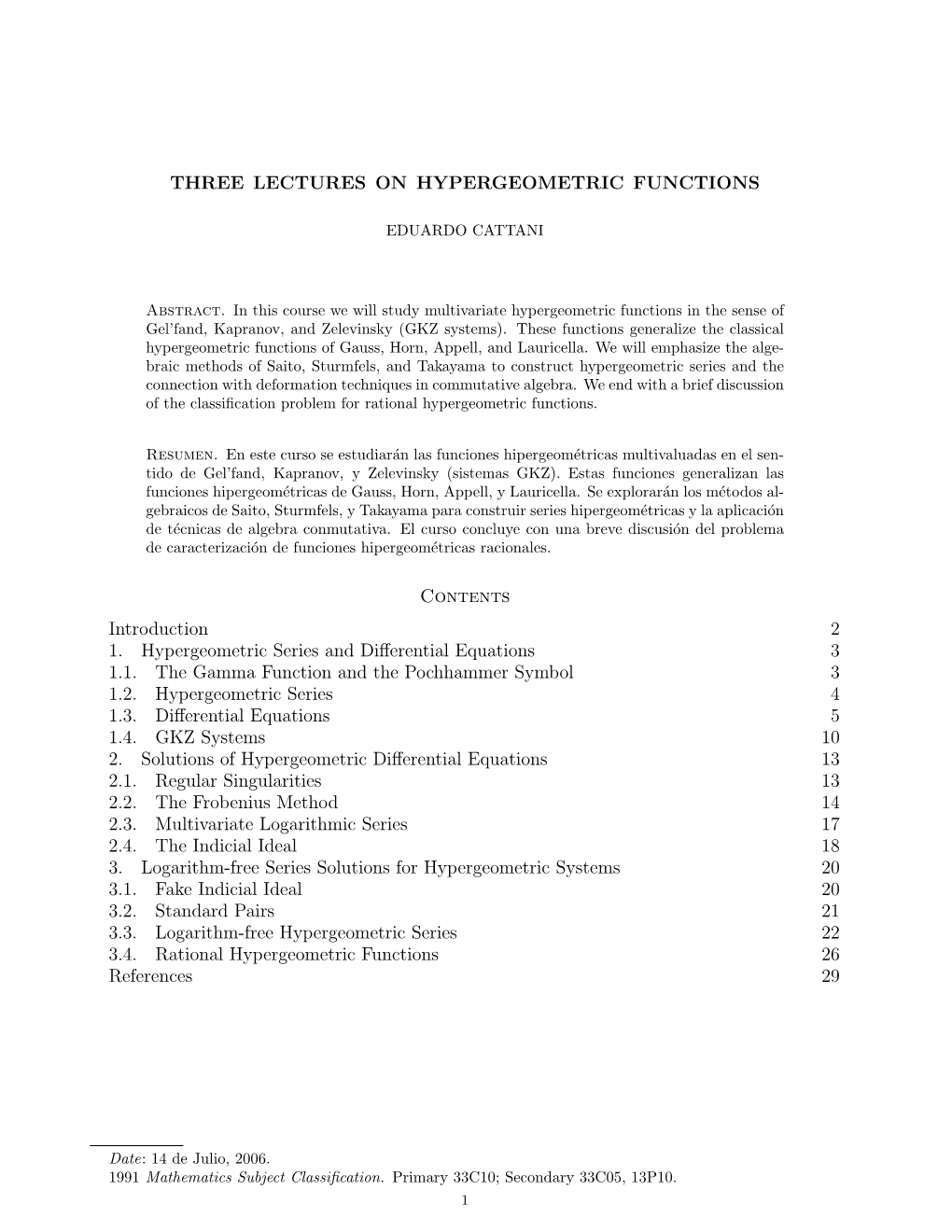 Three Lectures on Hypergeometric Functions