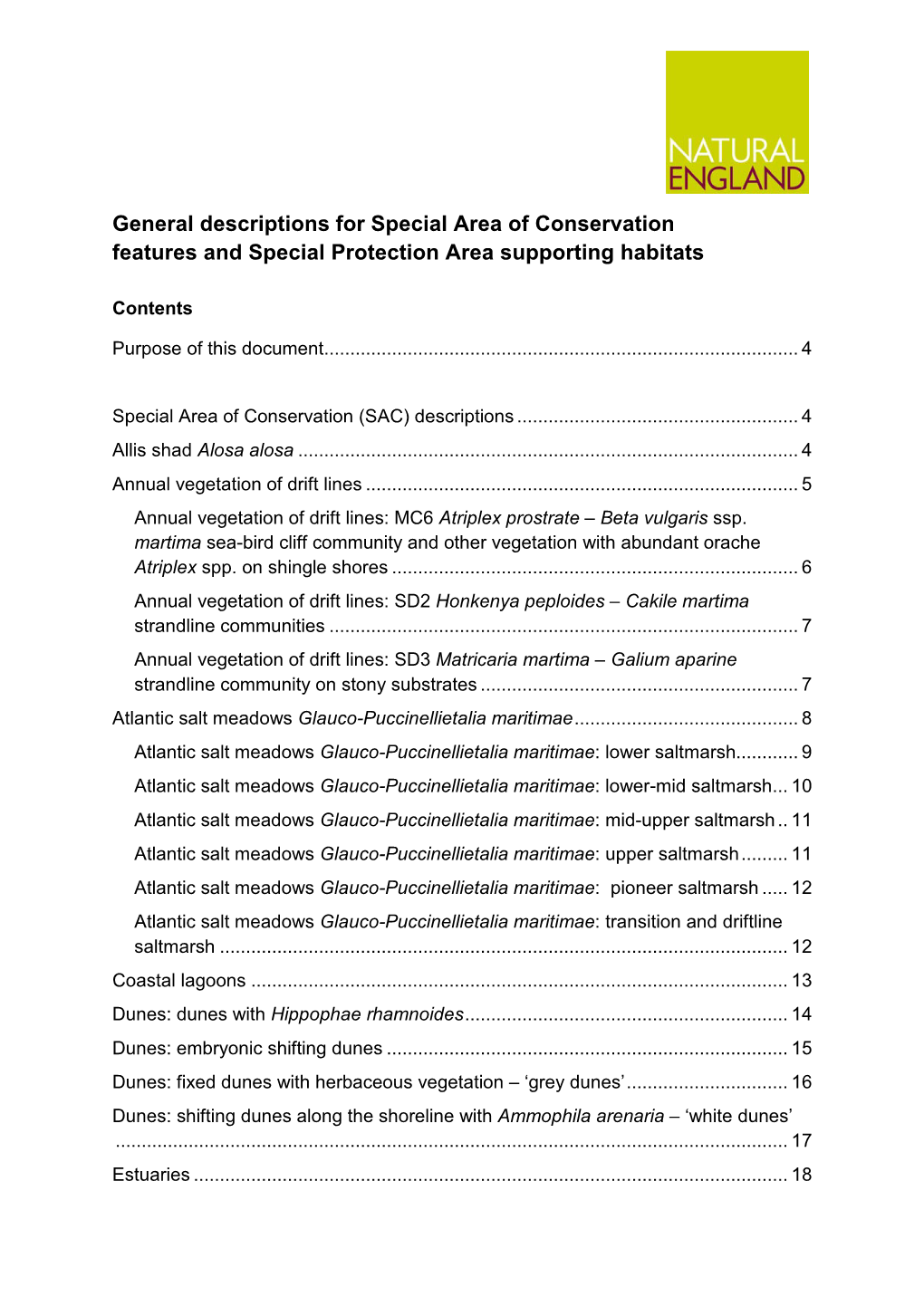 General Descriptions for Special Area of Conservation Features and Special Protection Area Supporting Habitats