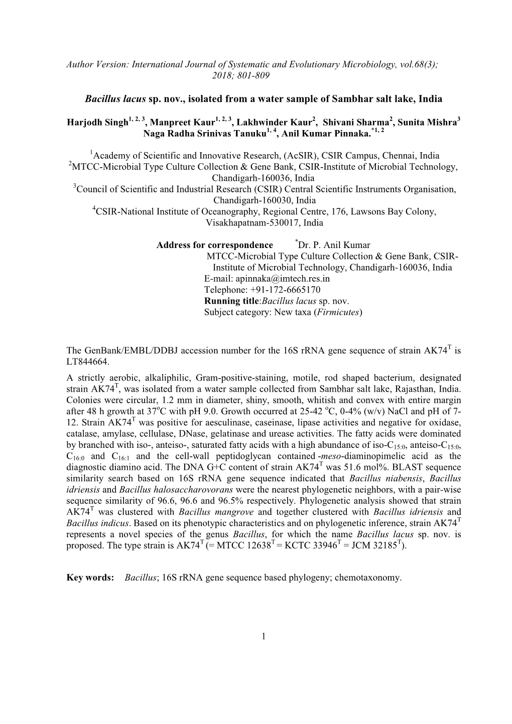 Bacillus Lacus Sp. Nov., Isolated from a Water Sample of Sambhar Salt Lake, India