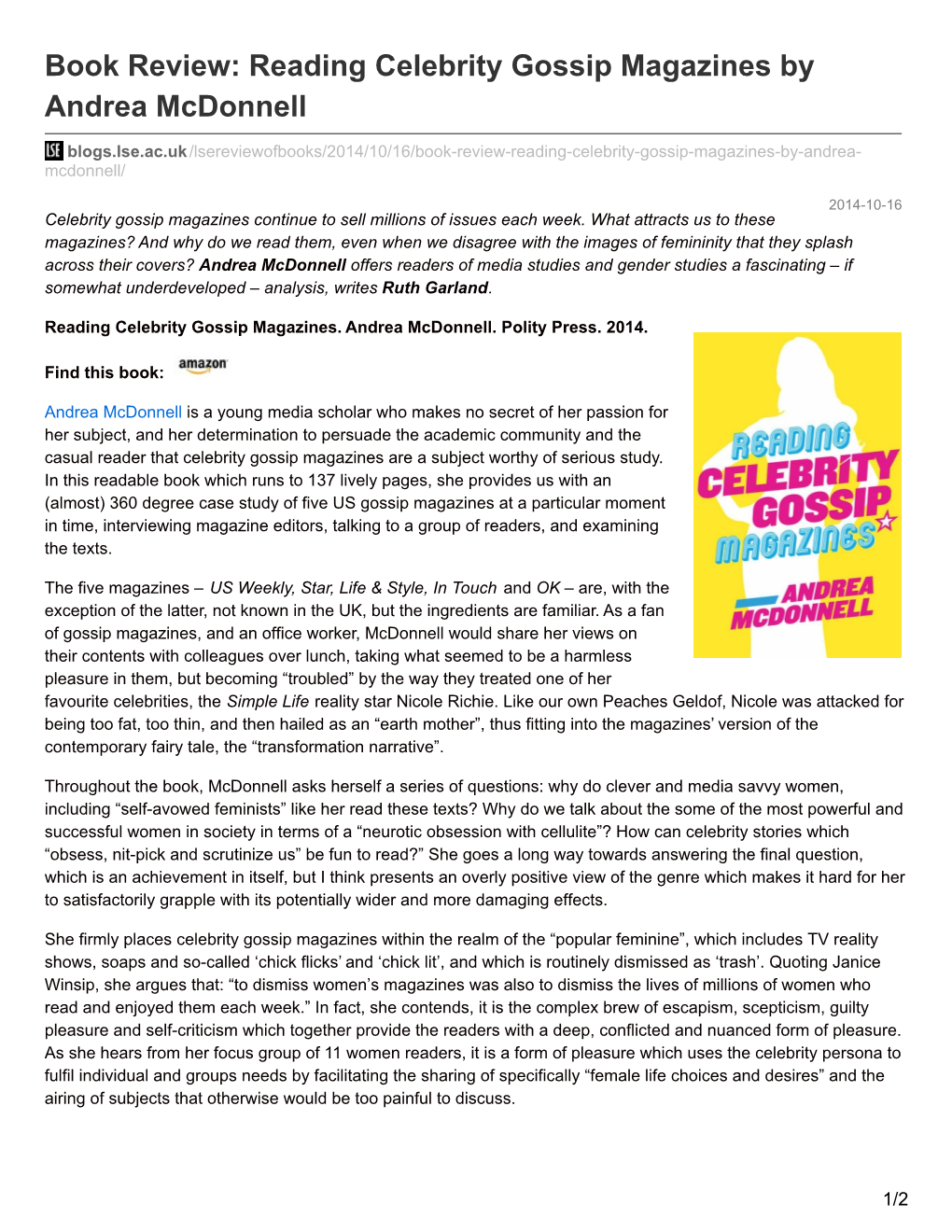 Book Review: Reading Celebrity Gossip Magazines by Andrea Mcdonnell