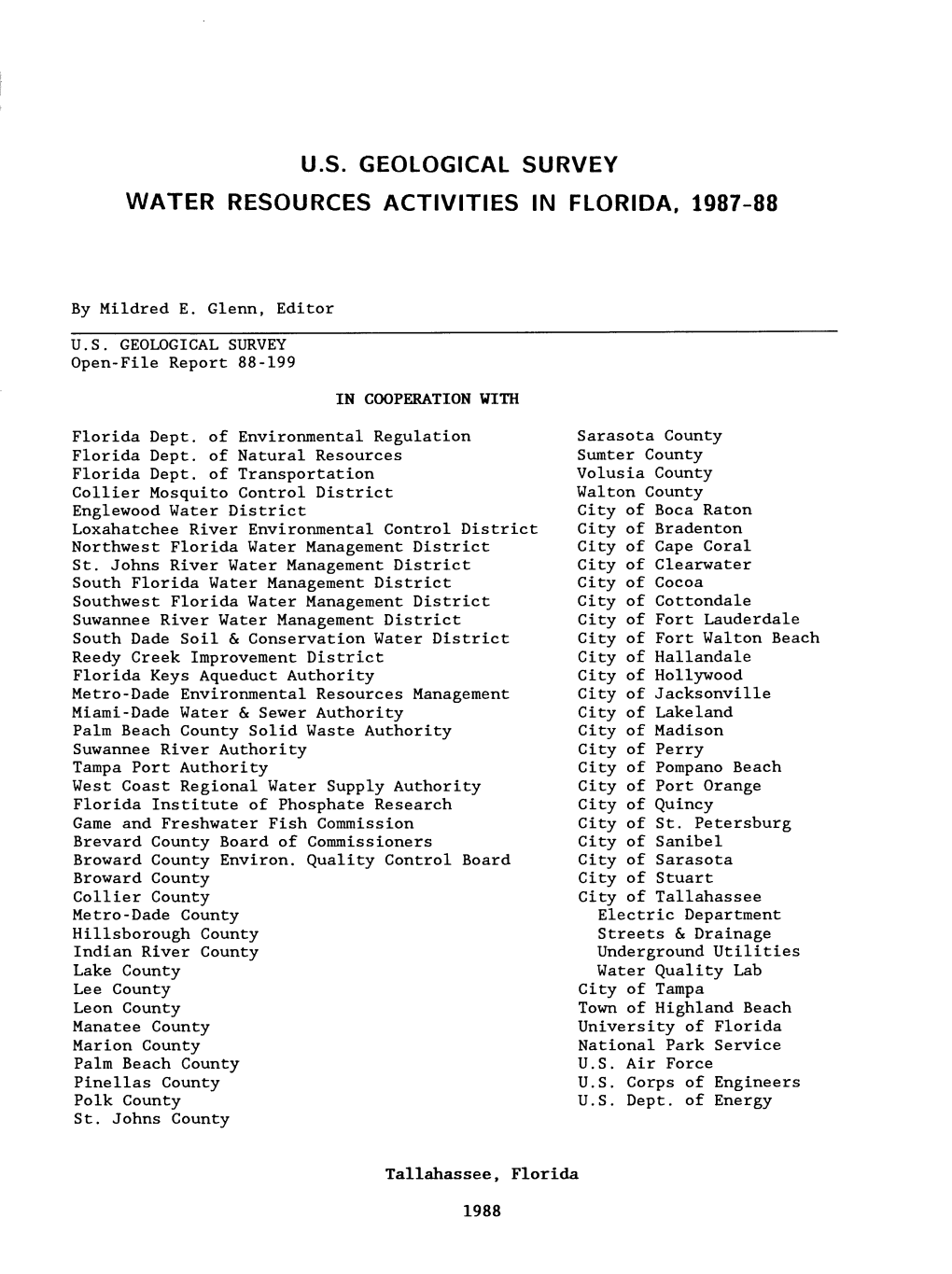 U.S. Geological Survey Water Resources Activities in Florida, 1987-88