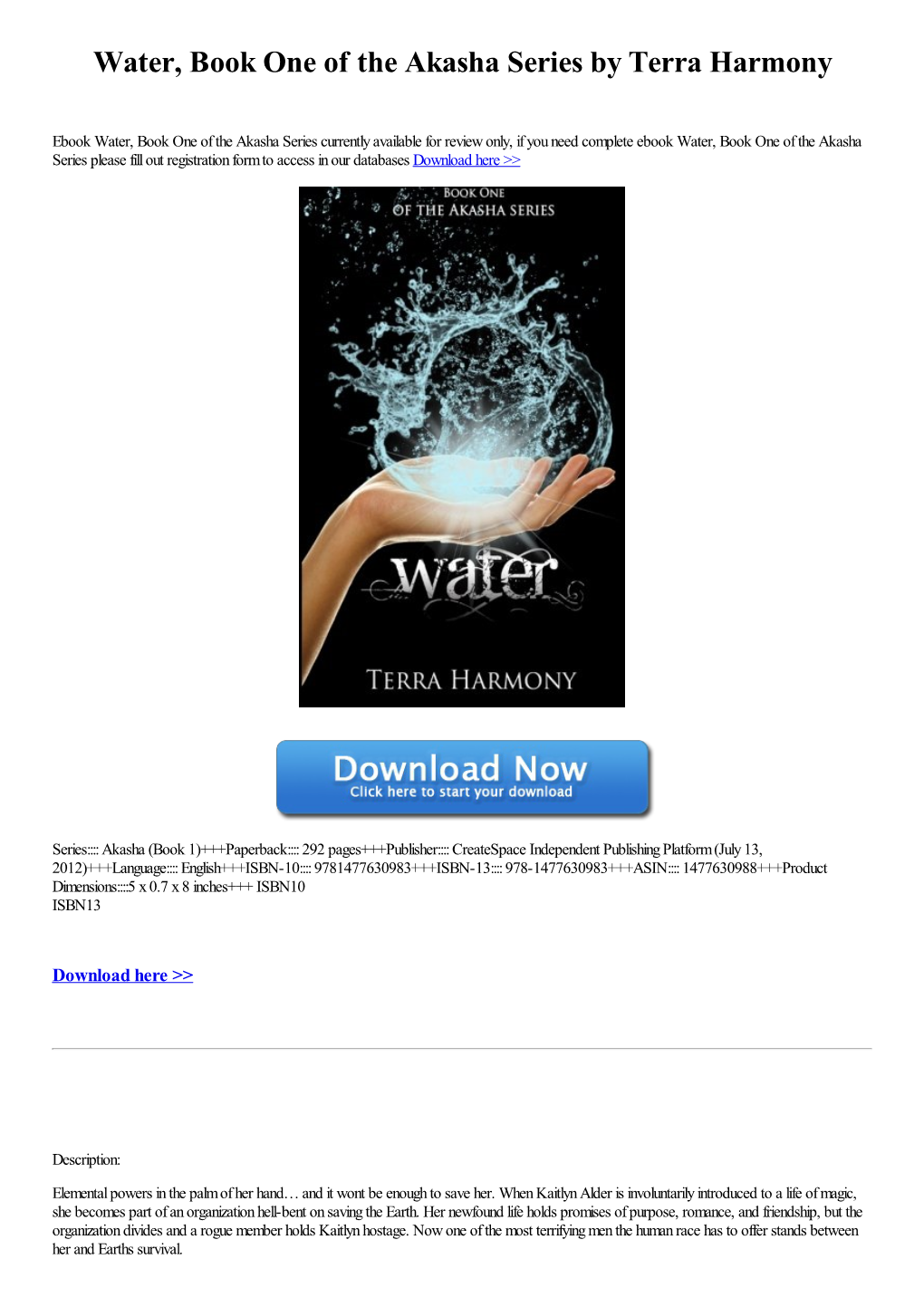 Water, Book One of the Akasha Series by Terra Harmony