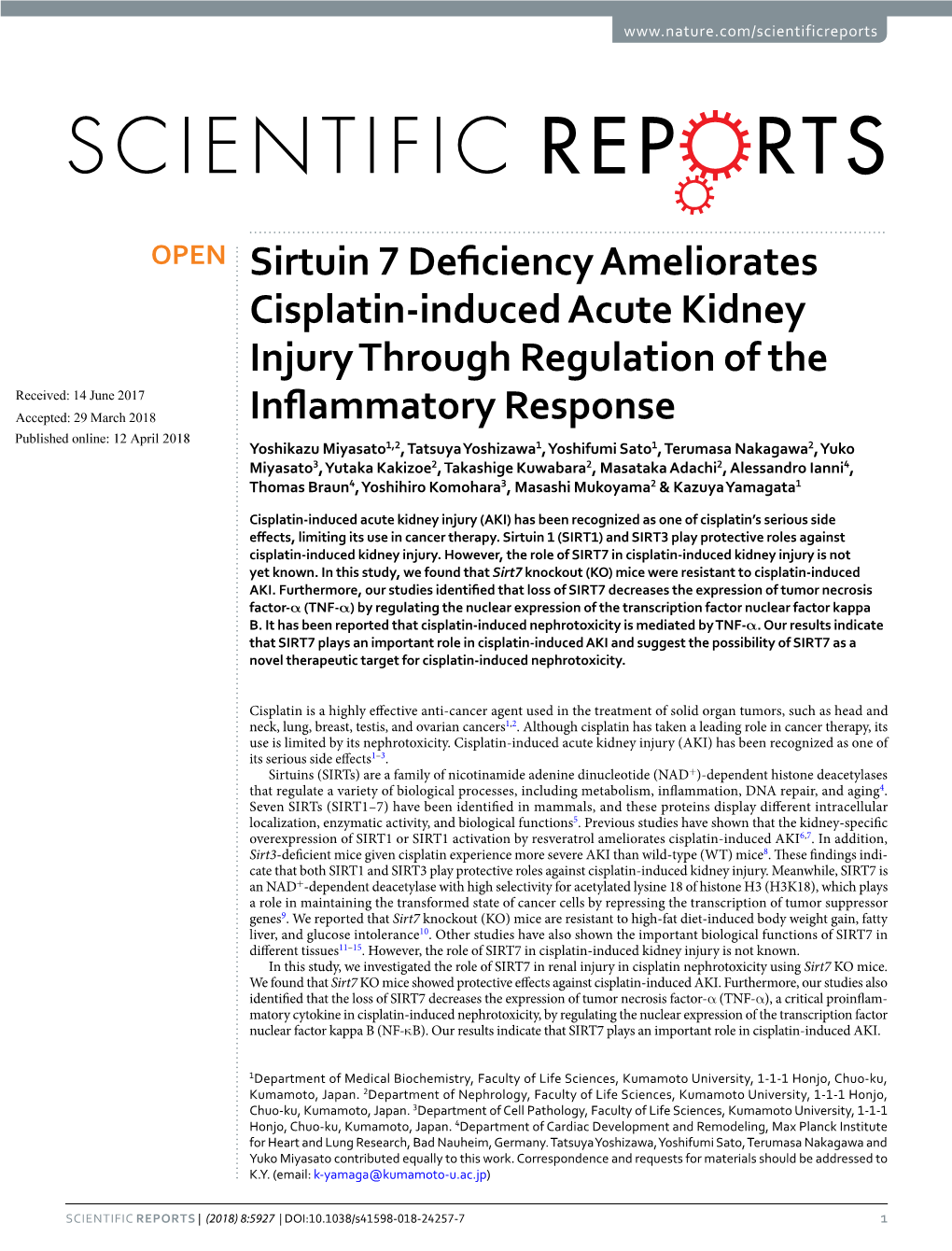 Sirtuin 7 Deficiency Ameliorates Cisplatin-Induced Acute Kidney