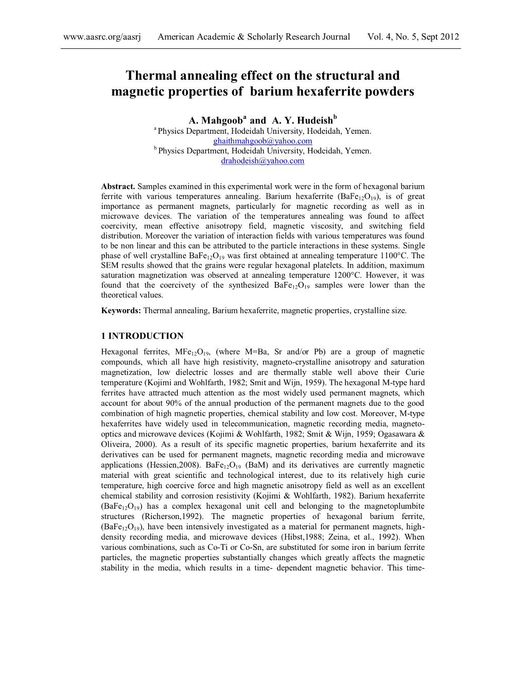 Thermal Annealing Effect on the Structural and Magnetic Properties of Barium Hexaferrite Powders