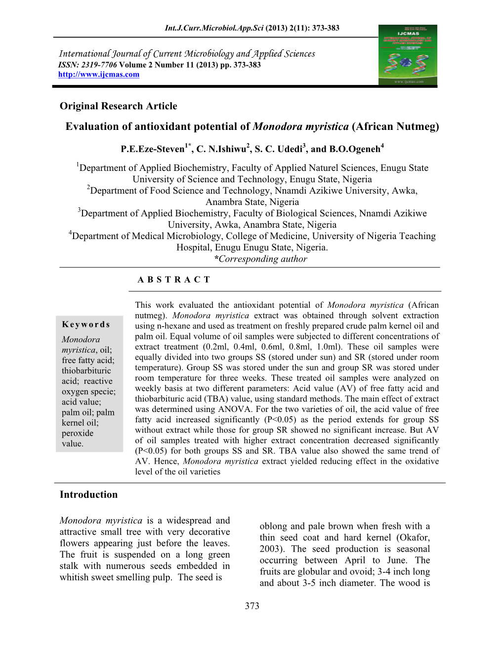 Evaluation of Antioxidant Potential of Monodora Myristica (African Nutmeg)