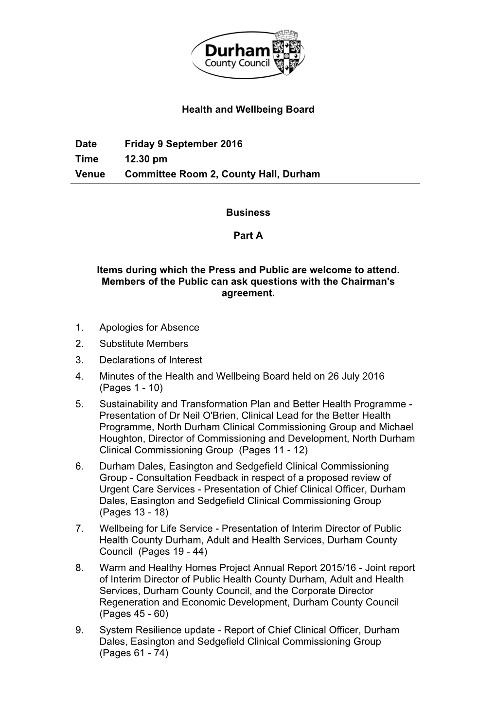 (Public Pack)Agenda Document for Health and Wellbeing Board, 09/09