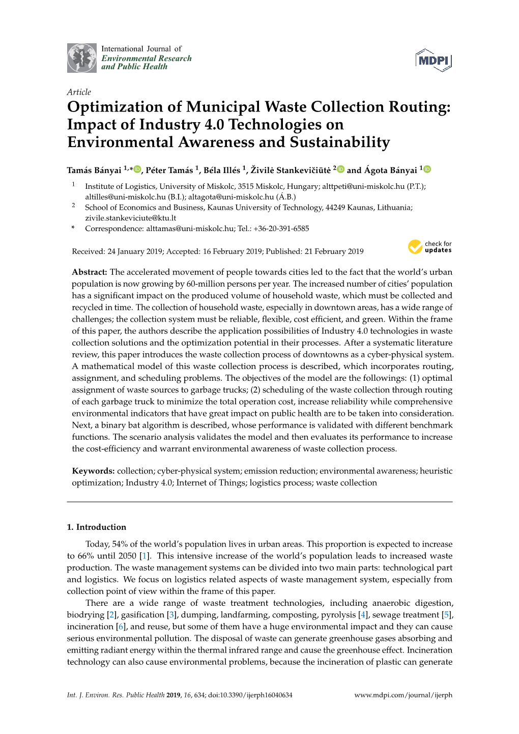 Optimization of Municipal Waste Collection Routing: Impact of Industry 4.0 Technologies on Environmental Awareness and Sustainability