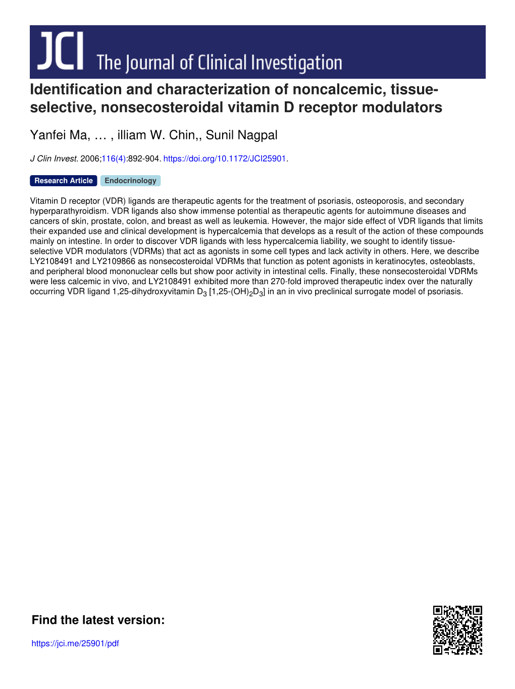 Selective, Nonsecosteroidal Vitamin D Receptor Modulators