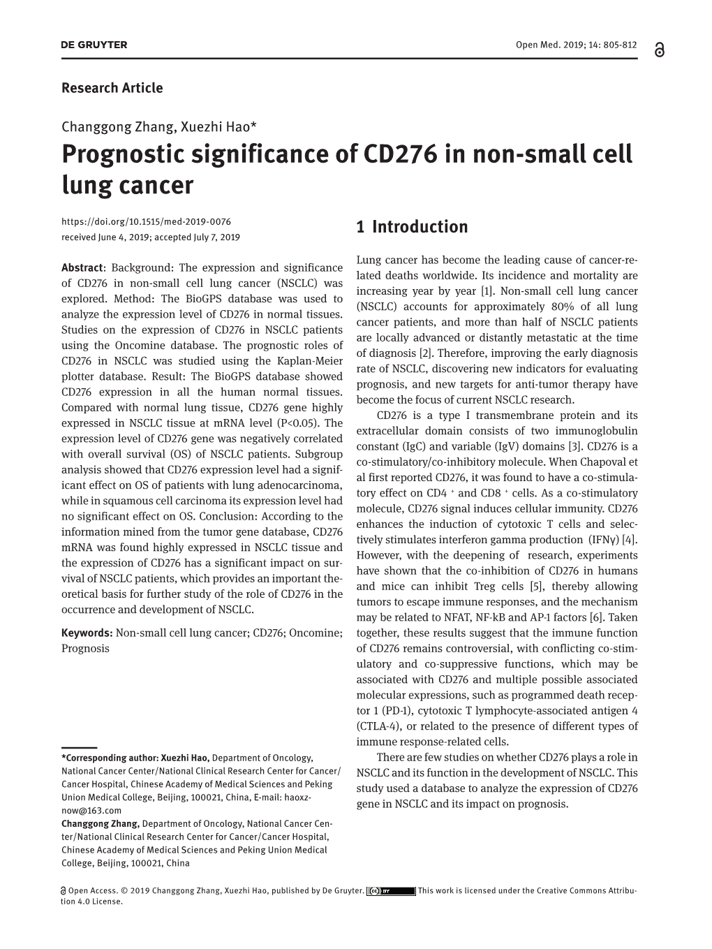 Prognostic Significance of CD276 in Non-Small Cell Lung Cancer Received June 4, 2019; Accepted July 7, 2019 1 Introduction