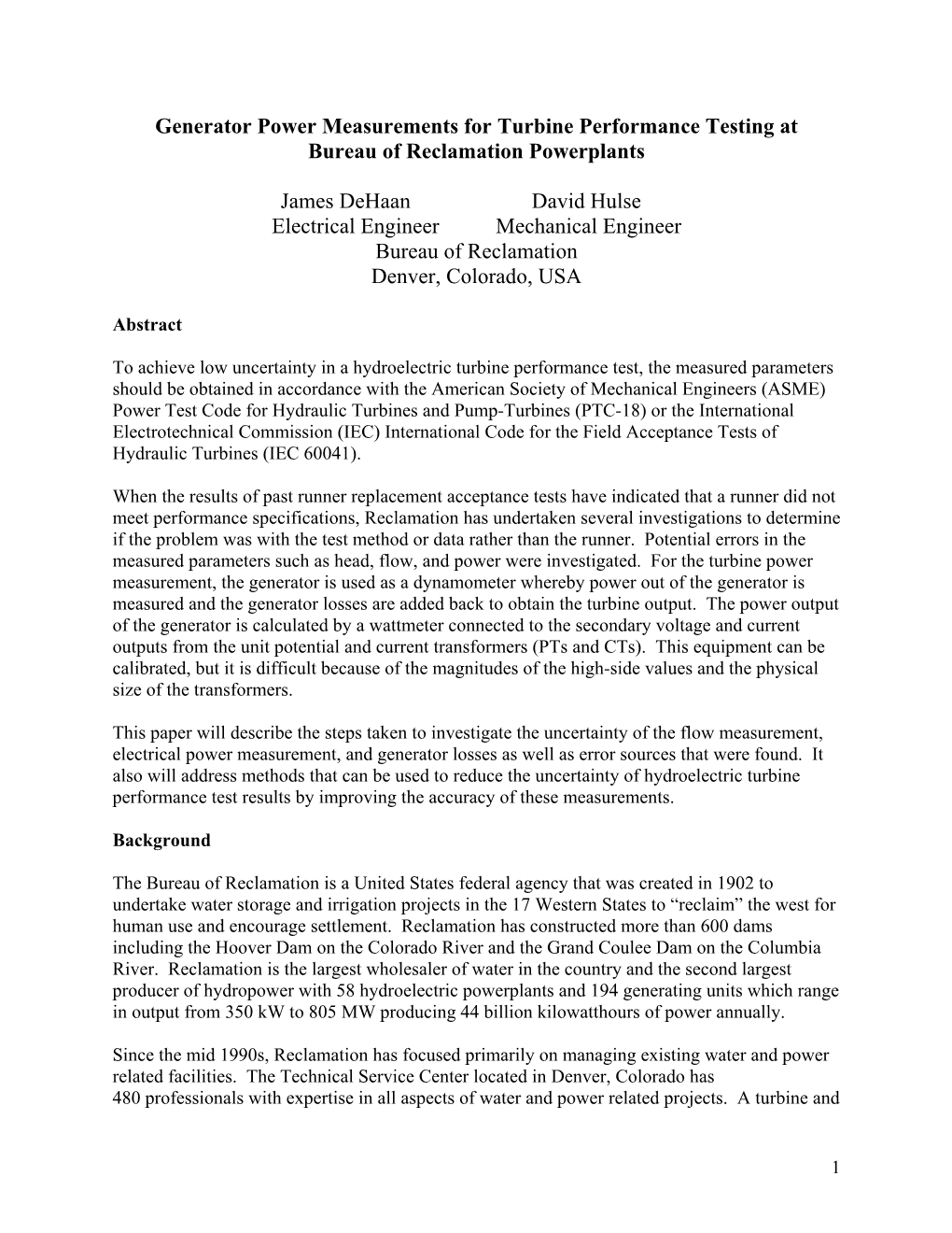 Generator Power Measurements for Turbine Performance Testing at Bureau of Reclamation Powerplants