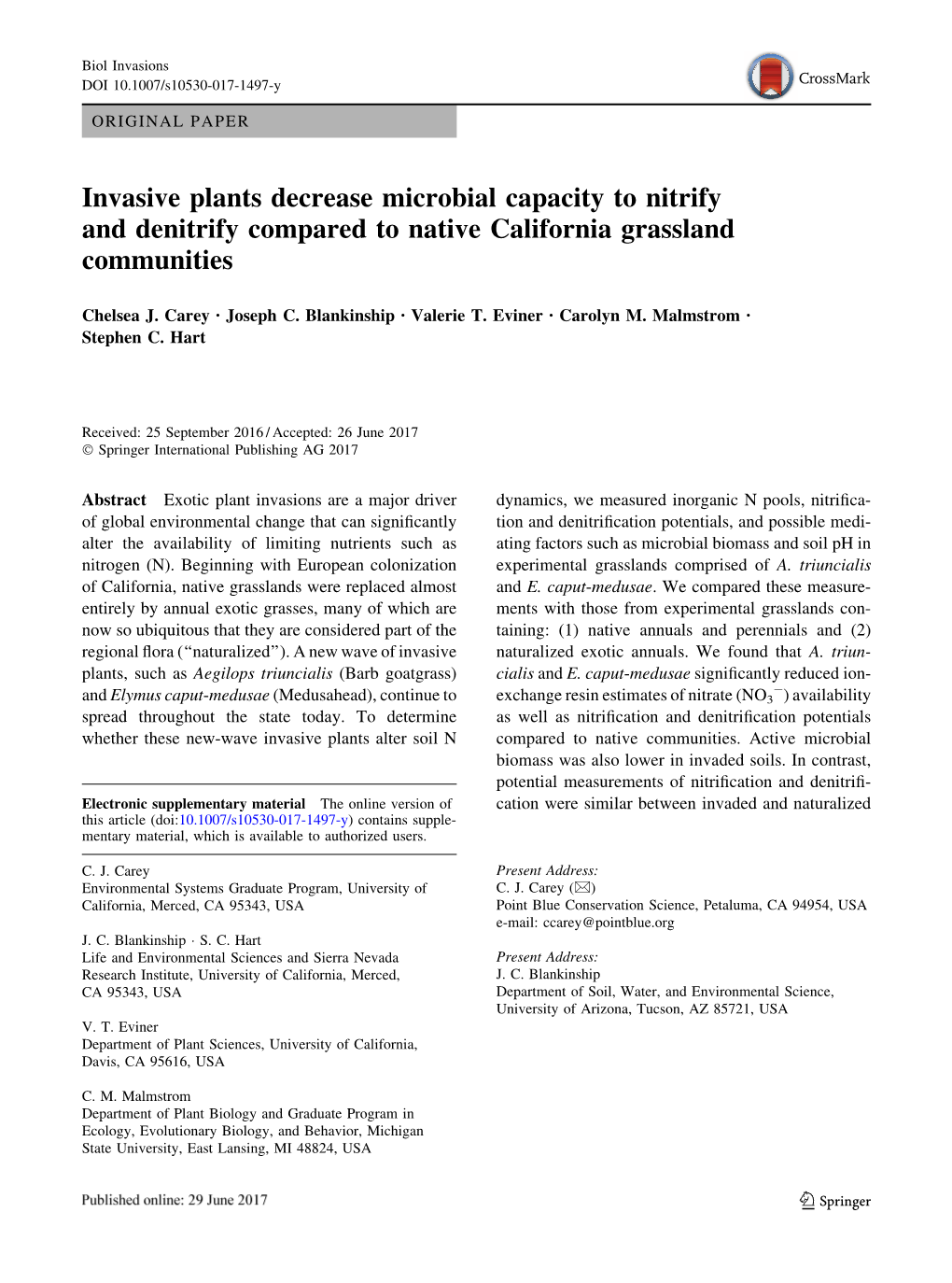 Invasive Plants Decrease Microbial Capacity to Nitrify and Denitrify Compared to Native California Grassland Communities