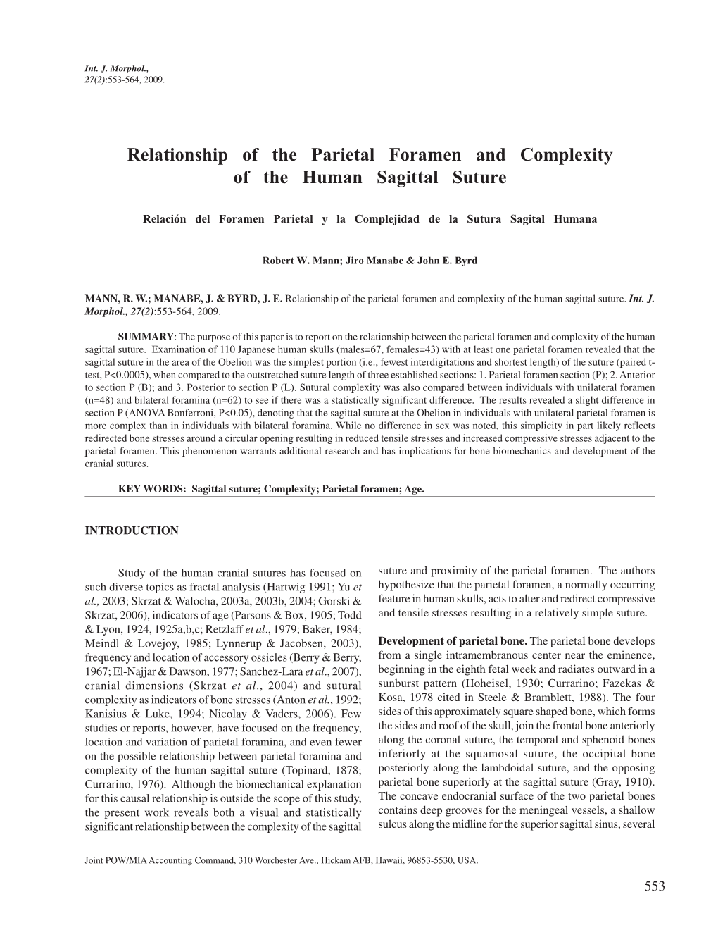 Relationship of the Parietal Foramen and Complexity of the Human Sagittal Suture