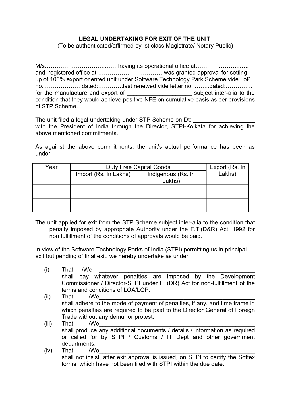 Form Of Legal Undertaking For Exit Of The Unit