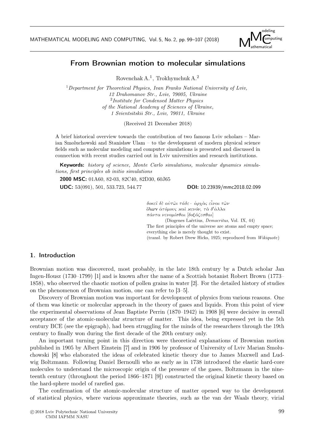 From Brownian Motion to Molecular Simulations