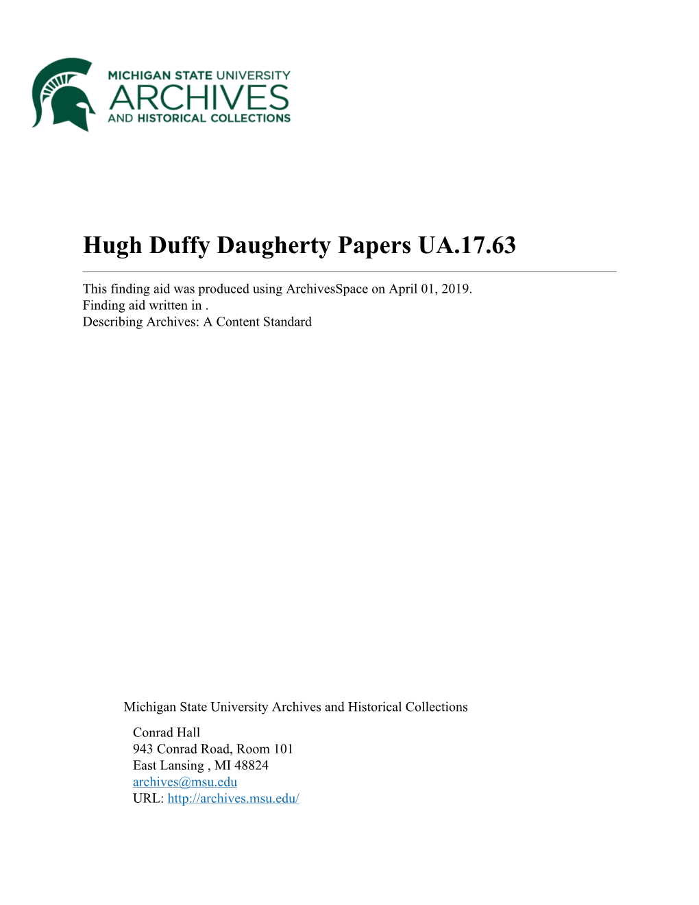 Hugh Duffy Daugherty Papers UA.17.63