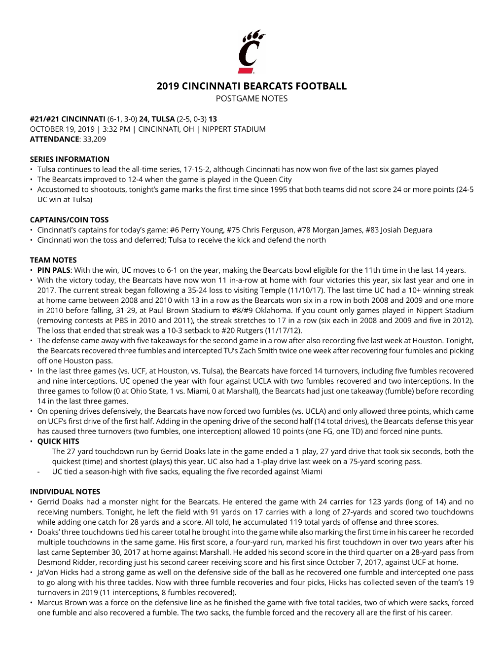 2019 Cincinnati Bearcats Football Postgame Notes