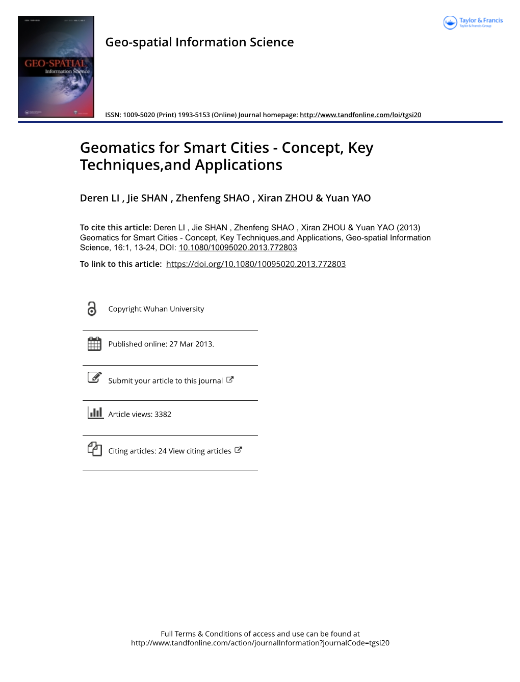 Geomatics for Smart Cities - Concept, Key Techniques,And Applications