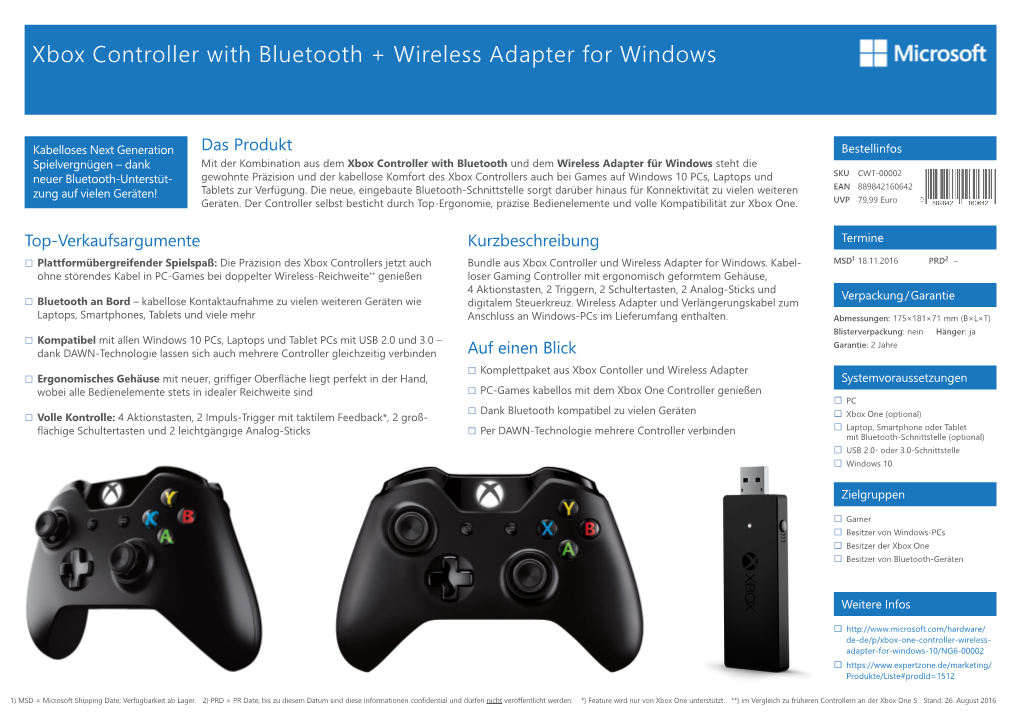 Xbox Controller with Bluetooth + Wireless Adapter for Windows