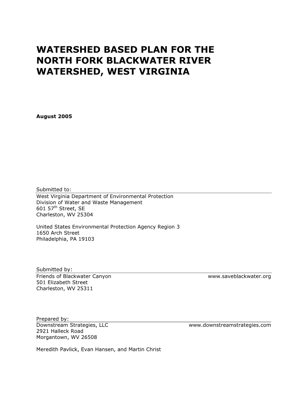 Watershed Based Plan for the North Fork Blackwater River Watershed, West Virginia