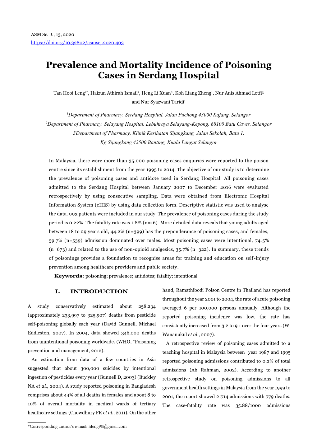 Prevalence and Mortality Incidence of Poisoning Cases in Serdang Hospital