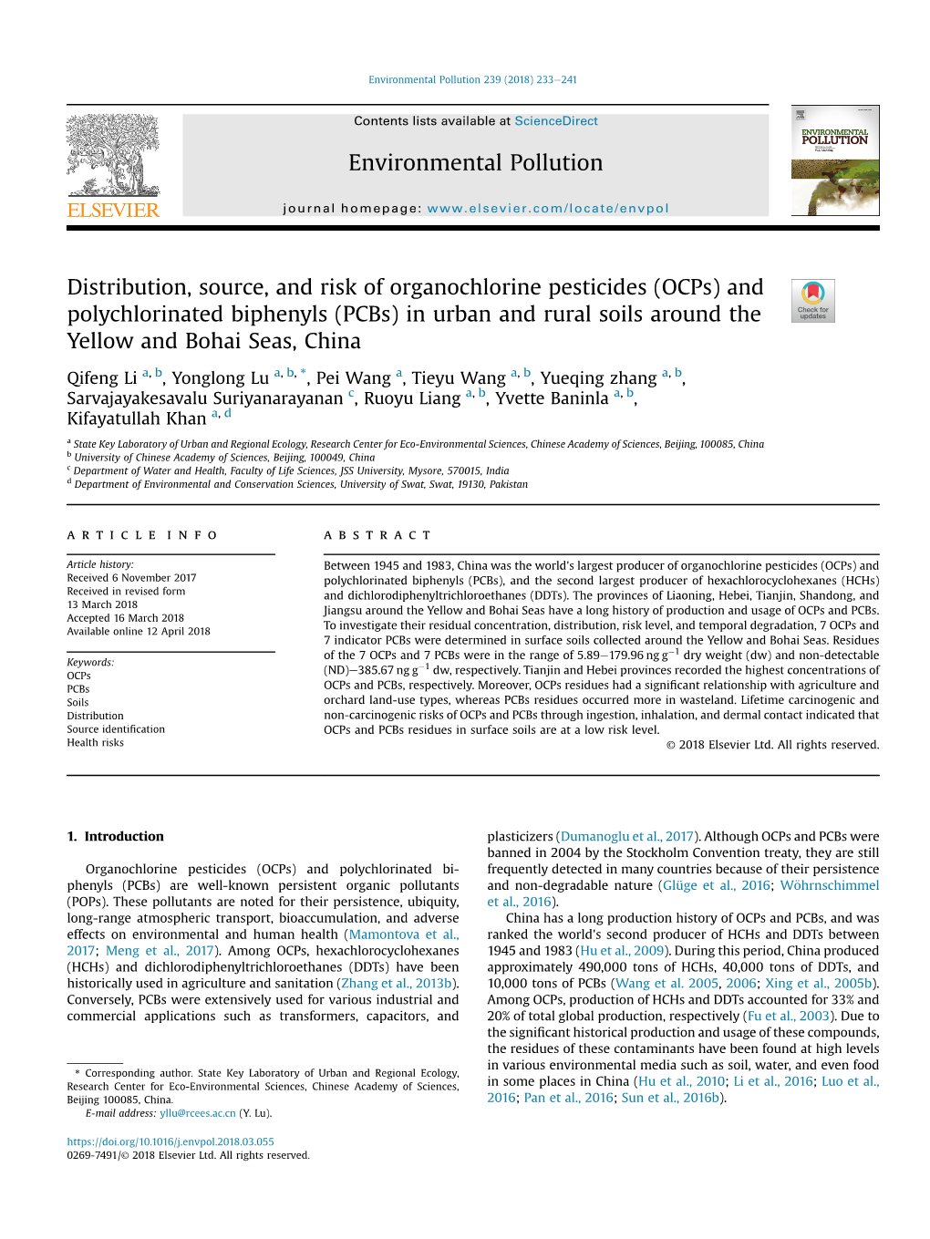 (Ocps) and Polychlorinated Biphenyls (Pcbs) in Urban and Rural Soils Around the Yellow and Bohai Seas, China