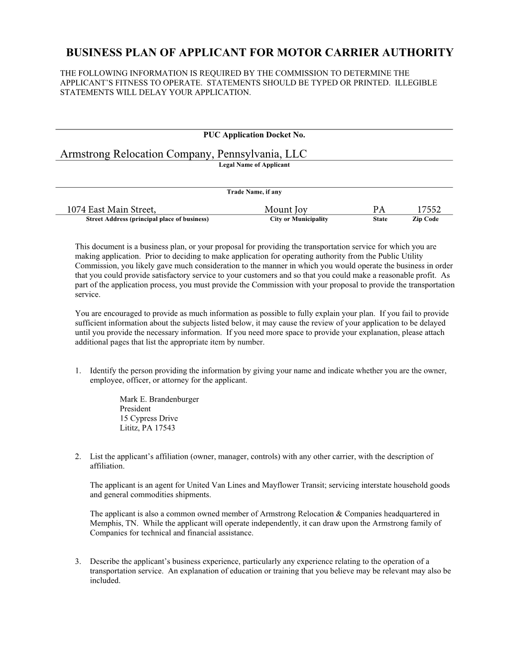 Business Plan of Applicant for Motor Carrier Authority