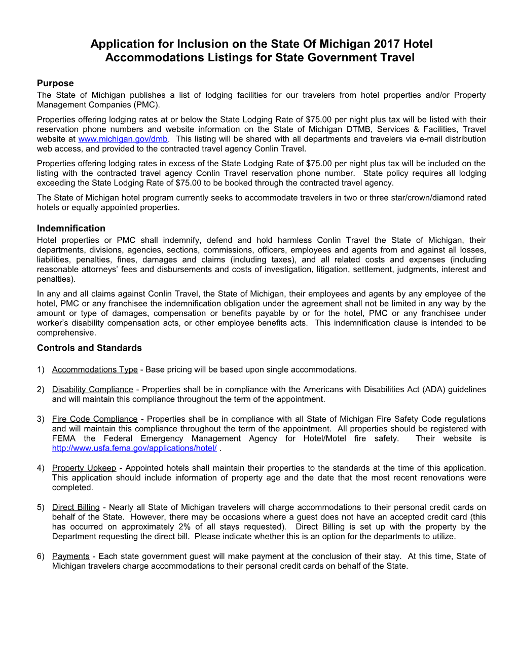 Application for Inclusion on the State of Michigan 2017 Hotel Accommodations Listings