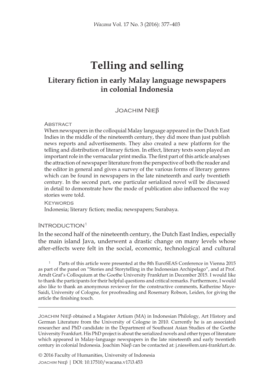 Telling and Selling Literary Fiction in Early Malay Language Newspapers in Colonial Indonesia