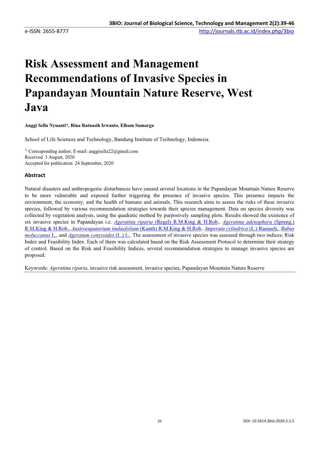 Risk Assessment and Management Recommendations of Invasive Species in Papandayan Mountain Nature Reserve, West Java