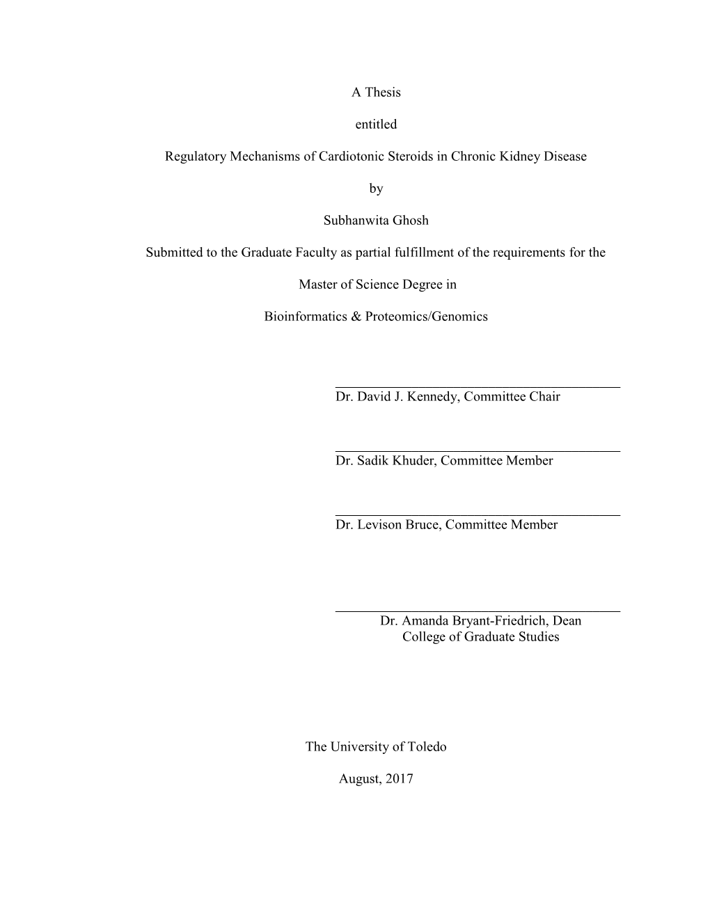 A Thesis Entitled Regulatory Mechanisms Of